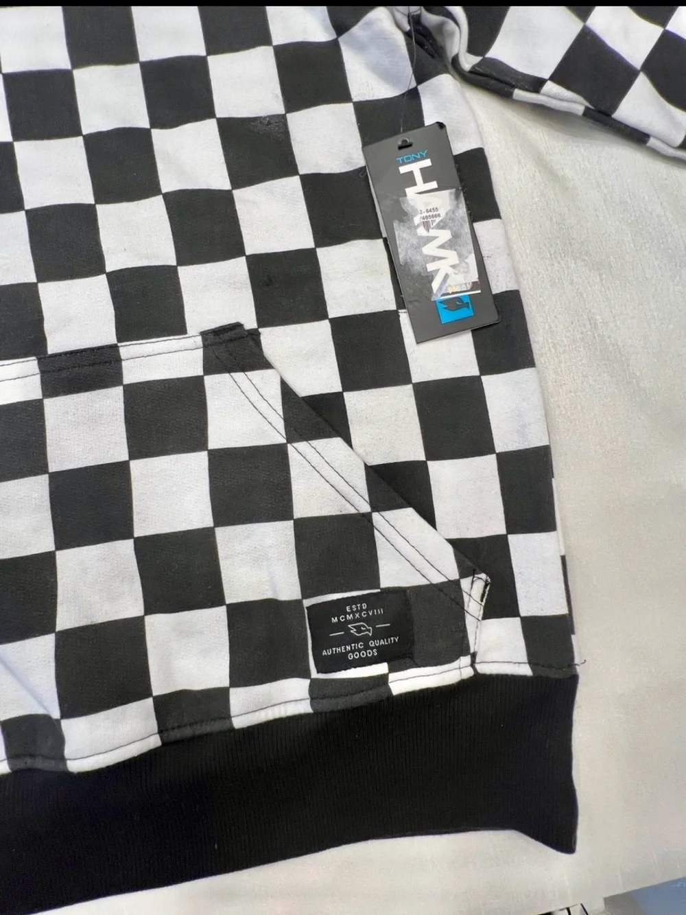 Tony Hawk Men's Pullover Hoodie S Black/White Check Fleece Logo Pockets - Picture 7 of 8